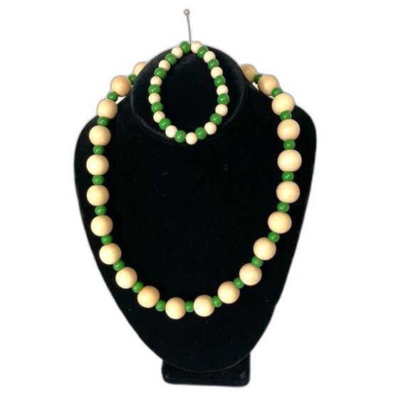 Green and Natural Wood Stretchy Beaded Necklace 22 in and Bracelet 8 in - Picture 1 of 13